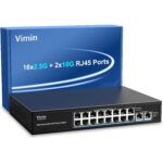 Schwarzer VIMIN 10-Gigabit-PoE-Switch mit acht RJ45-Ports im Metallgehäuse, Frontansicht.