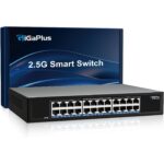 GiGaPlus S25-1600 Netzwerk-Switch im schwarzen Metallgehäuse mit 16 RJ45-Anschlüssen in einer Reihe an der Frontseite.