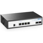 YuLinca Managed Switch mit acht SFP+-Plätzen im schwarzen Metallgehäuse, Frontansicht