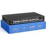 Schwarzer VIMIN 10-Gigabit-PoE-Switch mit acht RJ45-Ports im Metallgehäuse, Frontansicht.
