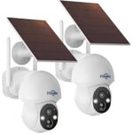 Hiseeu Solar-Kameraset: vier weisse Schwenkkameras mit aufgesetztem Solarpanel und der Funk-Rekorder mit Festplatte.