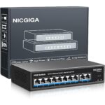 Schwarzer 19-Zoll-PoE-Switch NICGIGA FS2420GP mit 24 PoE-Ports und zwei Uplink-Ports an der Frontseite.