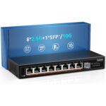 Schwarzer YuanLey 2,5-Gigabit-PoE-Switch mit acht PoE-Ports und zwei 10-Gigabit-Uplinks im lüfterlosen Metallgehäuse.