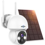 Hiseeu Solar-Kameraset: vier weisse Schwenkkameras mit aufgesetztem Solarpanel und der Funk-Rekorder mit Festplatte.