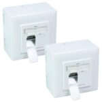 Geschirmte BIGtec Netzwerkdose CAT 6a in Signalweiss mit zwei RJ45-Buchsen, Schutzklappen und LSA-Anschluss.