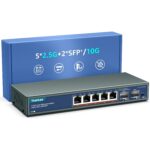 YuanLey Netzwerk-Switch im Metallgehäuse mit sechs RJ45-Anschlüssen und zwei SFP+-Steckplätzen an der Frontseite.
