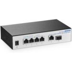 YuLinca Managed Switch mit acht SFP+-Plätzen im schwarzen Metallgehäuse, Frontansicht