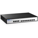 YuLinca Managed Switch mit acht SFP+-Plätzen im schwarzen Metallgehäuse, Frontansicht