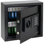 Schwarzer HMF Schlüsseltresor 2100-02 mit elektronischem Zahlenschloss und Hakenleisten für 100 Schlüssel.