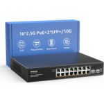 Schwarzer YuanLey 2,5-Gigabit-PoE-Switch mit acht PoE-Ports und zwei 10-Gigabit-Uplinks im lüfterlosen Metallgehäuse.