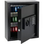 Schwarzer HMF Schlüsseltresor 2100-02 mit elektronischem Zahlenschloss und Hakenleisten für 100 Schlüssel.