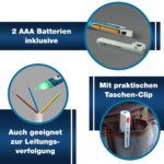 Zwei AAA-Batterien inklusive, praktischer Taschen-Clip und Eignung zur Leitungsverfolgung