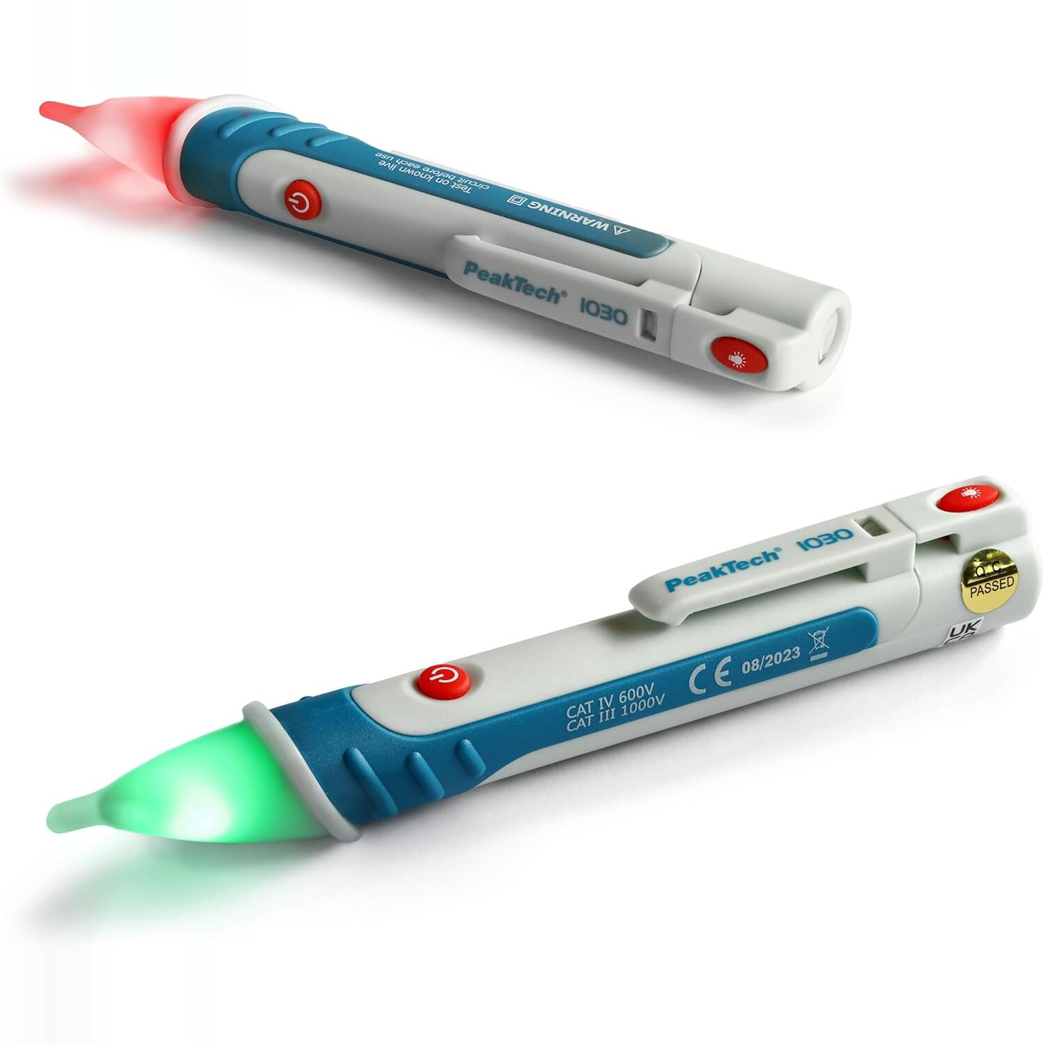 PeakTech P 1030 in zwei Ansichten mit rot und gruen leuchtender Pruefspitze, Aufdruck CAT IV 600 V und CAT III 1000 V