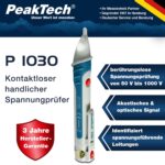 Uebersicht PeakTech P 1030: beruehrungslose Spannungspruefung 50 bis 1000 Volt, akustisches und optisches Signal, 3 Jahre Herstellergarantie