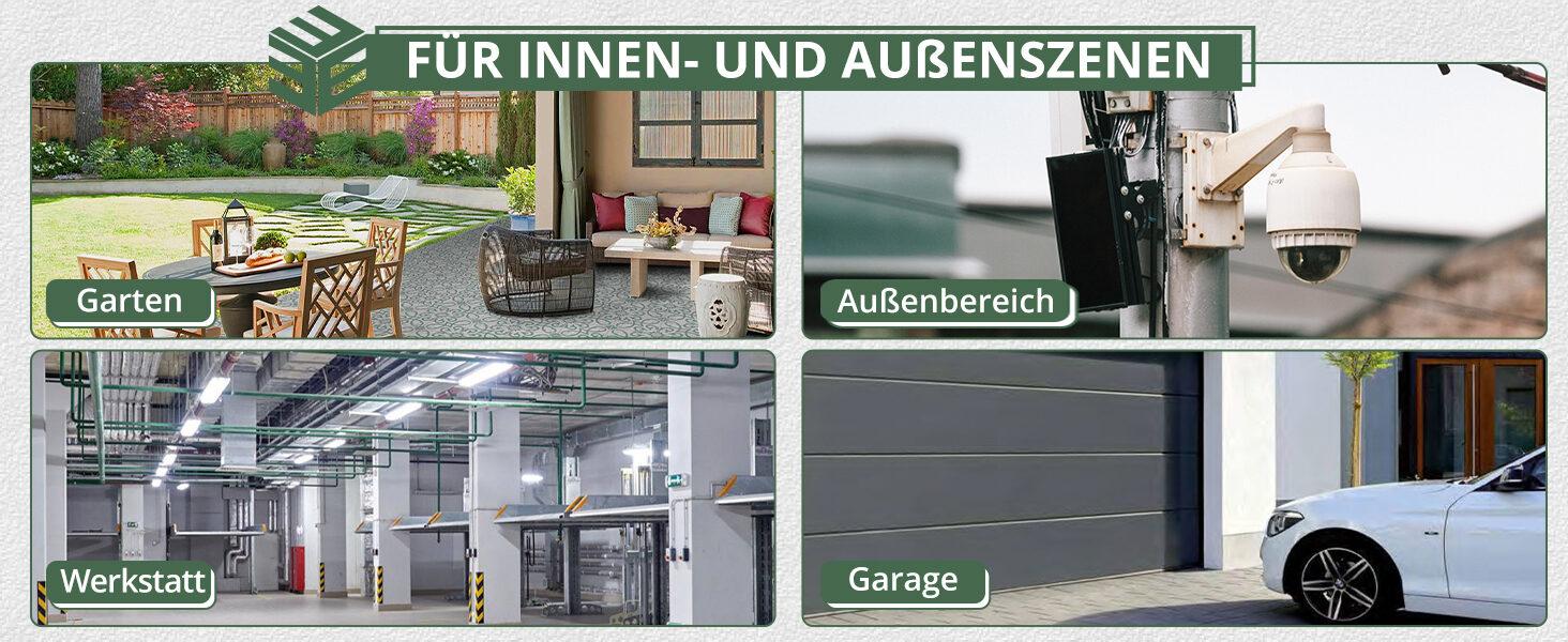 Vier Einsatzbereiche der Abzweigdose: Garten, Aussenbereich mit Ueberwachungskamera, Werkstatt und Garage