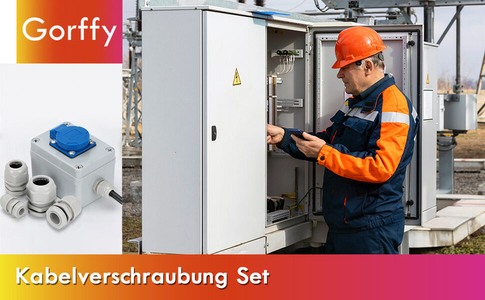 Kabelverschraubungen neben einem Schaltschrank im Freien, Techniker arbeitet an der Verteilung