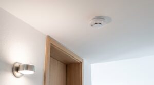 Weisser Rauchmelder an der Decke eines hellen modernen Wohnungsflurs