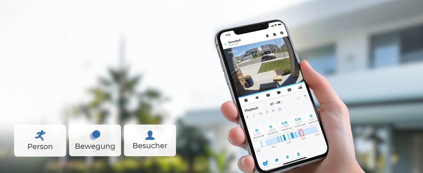Reolink App filtert Ereignisse nach Person, Bewegung und Besucher