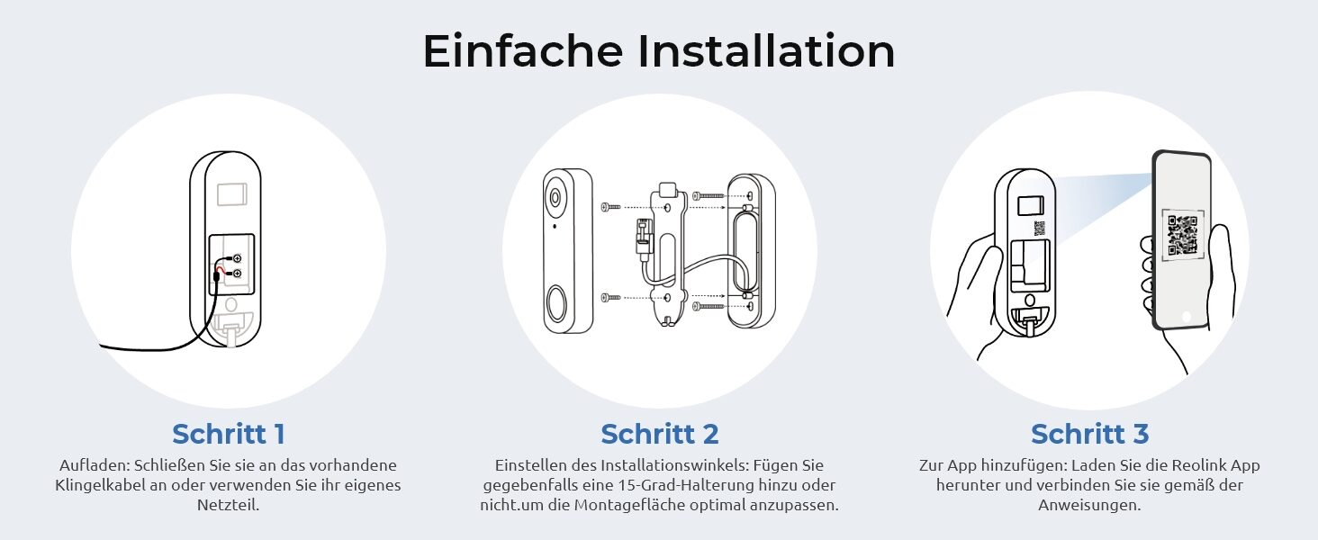 Installation der Reolink Türklingel in drei Schritten: Klingelkabel oder Netzteil, Montagewinkel, App verbinden