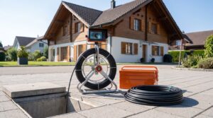 Moderne Rohrkamera auf Kabeltrommel mit Farbmonitor neben einem geoeffneten Kontrollschacht
