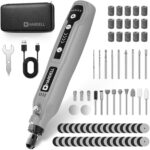 Orangefarbenes Akku-Rotationswerkzeug mit Etui, USB-C-Kabel, Schleifhuelsen, Fraesern, Bohrern und Trennscheiben