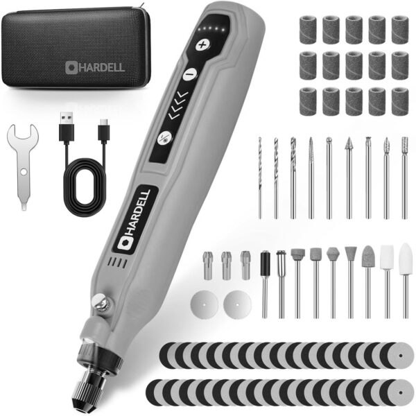 Orangefarbenes Akku-Rotationswerkzeug mit Etui, USB-C-Kabel, Schleifhuelsen, Fraesern, Bohrern und Trennscheiben