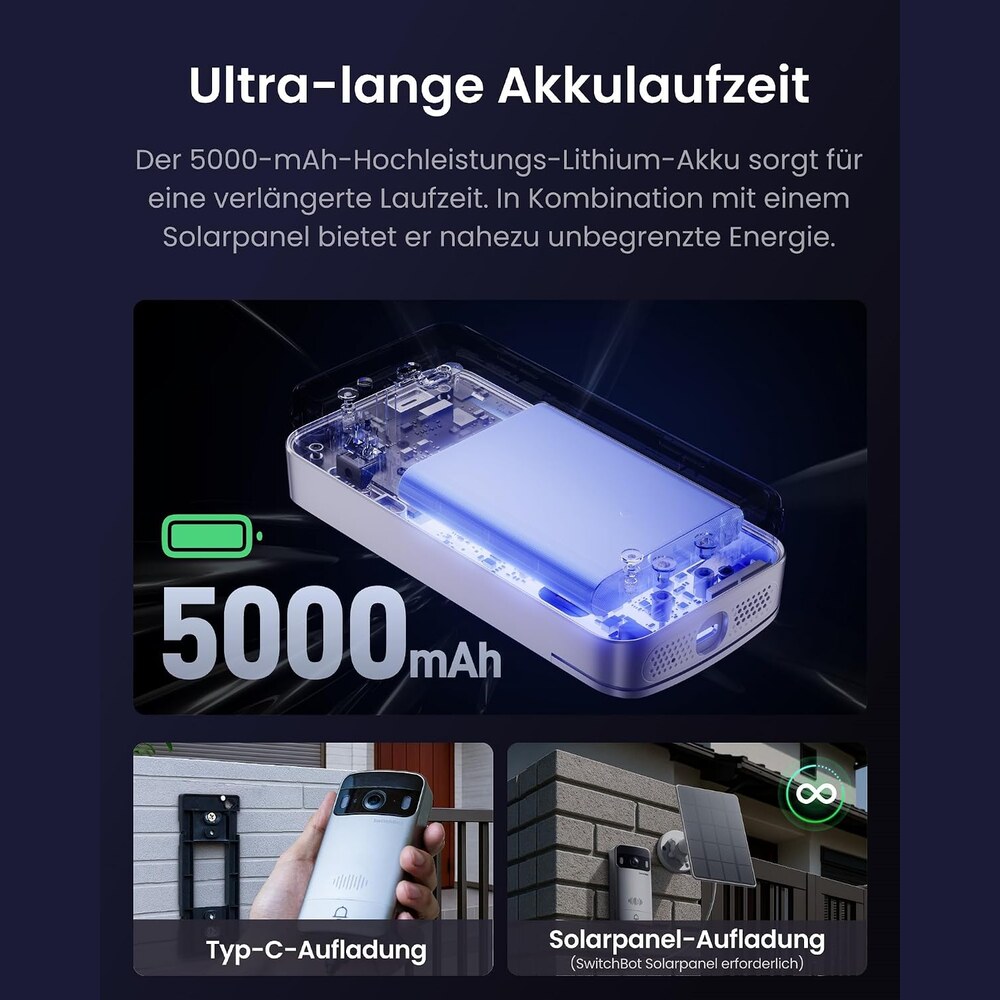 Akku der SwitchBot Türklingel mit 5000 mAh und Ladung über USB-C