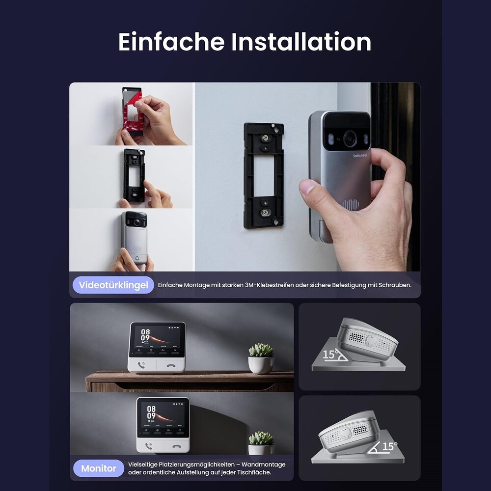 Montage der SwitchBot Türklingel an der Wand und Aufstellen des Innenmonitors