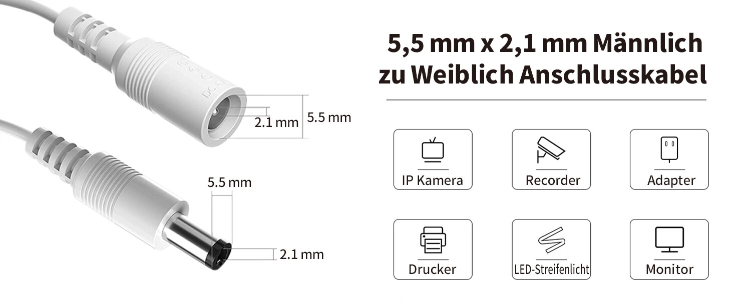 Steckermasse 5,5 mm aussen und 2,1 mm innen, maennlich zu weiblich, fuer IP-Kamera, Recorder, Adapter, Drucker, LED-Streifen und Monitor
