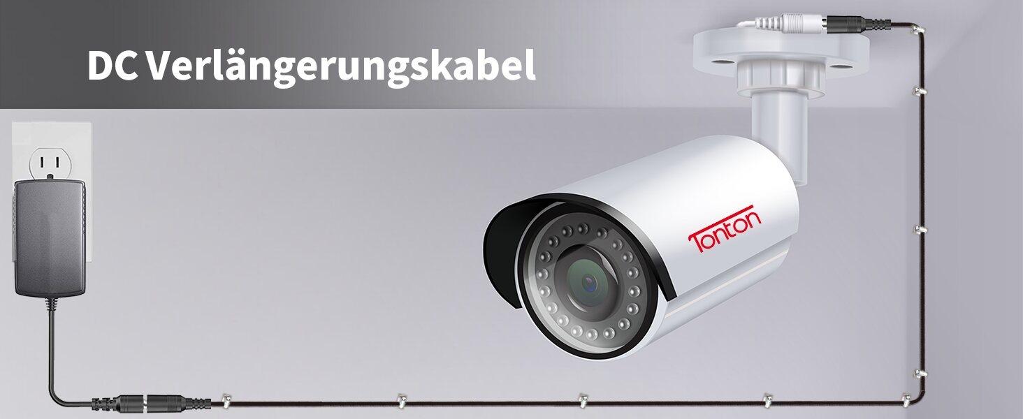 Verlegebeispiel: Netzteil in der Steckdose, Kabel entlang der Wand bis zur Aussenkamera