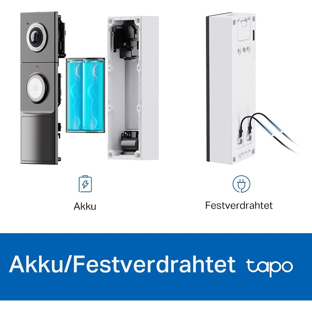 Tapo D235 im Betrieb mit Akku oder festverdrahtet mit 8 bis 24 Volt