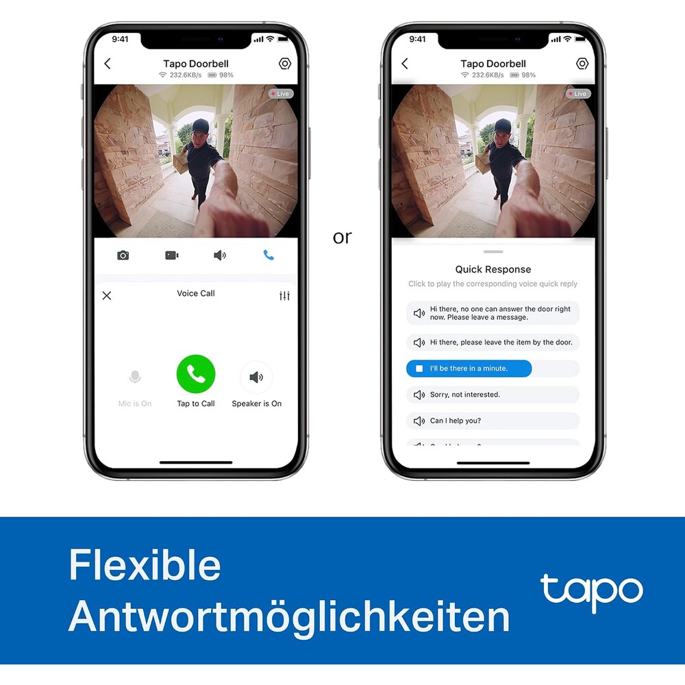 Zwei-Wege-Audio und Schnellantworten der Tapo D235 in der Tapo-App