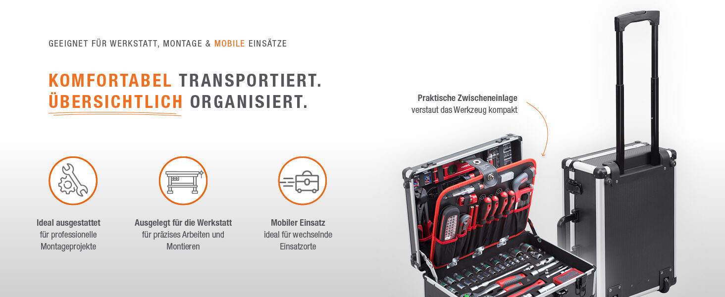 Herstellerbanner: Trolley mit Teleskopgriff, geeignet fuer Werkstatt, Montage und mobile Einsaetze