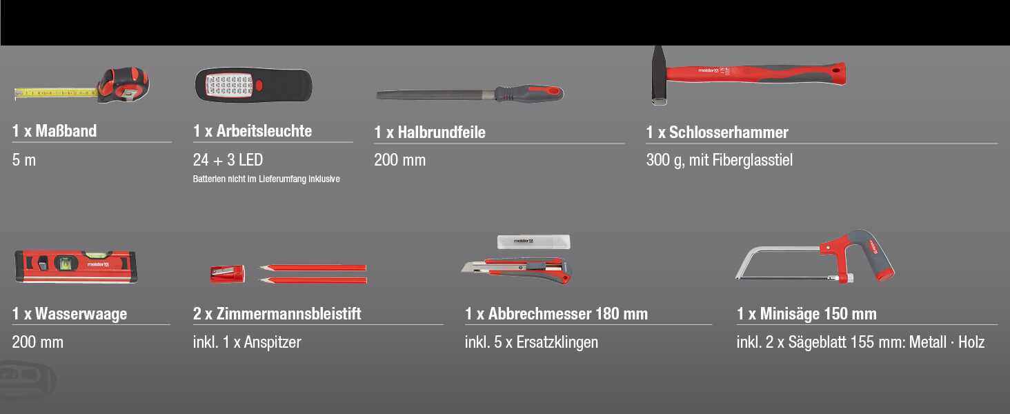 Herstellerliste: Massband, Arbeitsleuchte, Halbrundfeile, Schlosserhammer, Wasserwaage, Bleistifte, Abbrechmesser und Minisaege