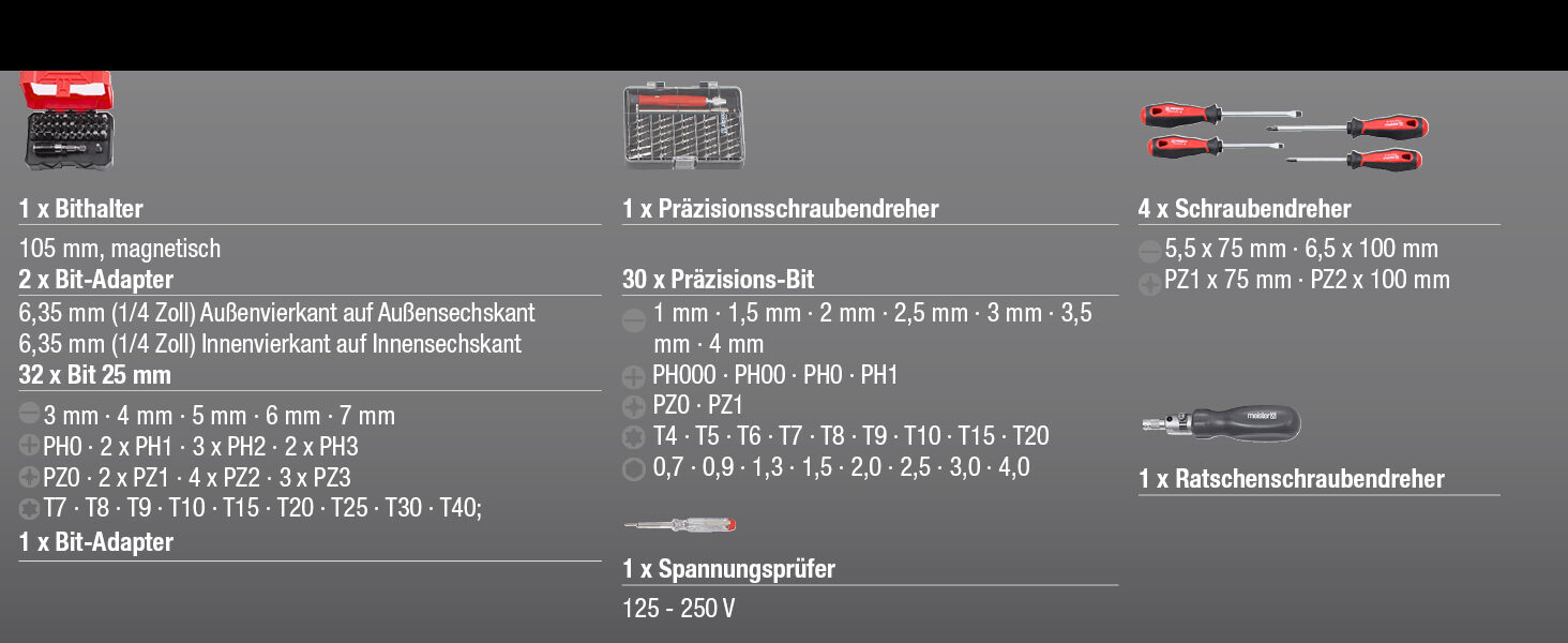 Herstellerliste: Bithalter, Bit-Adapter, 32 Bits, 30 Praezisionsbits, Praezisionsschraubendreher, vier Schraubendreher, Ratschenschraubendreher und Spannungspruefer