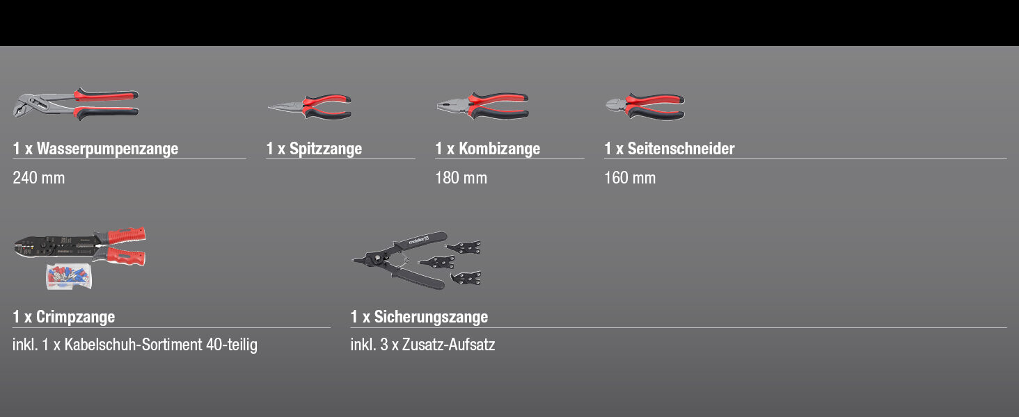 Herstellerliste: Wasserpumpenzange, Spitzzange, Kombizange, Seitenschneider, Crimpzange mit 40-teiligem Kabelschuh-Sortiment und Sicherungszange