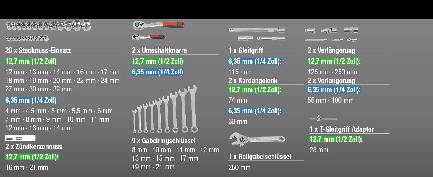 Herstellerliste: 26 Stecknuesse, zwei Umschaltknarren, Gleitgriff, Verlaengerungen, Kardangelenke, neun Gabelringschluessel und Rollgabelschluessel