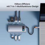 Anschluesse des Hubs: SD- und microSD-Leser mit 60 MB/s, HDMI mit 4K bei 60 Hz, USB-C PD 100 W und drei USB-A 3.0 mit 5 Gbit/s