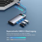 Drei USB-A-3.0-Anschluesse des Hubs mit 5 Gbit/s im Vergleich zu USB 2.0 mit 480 Mbit/s