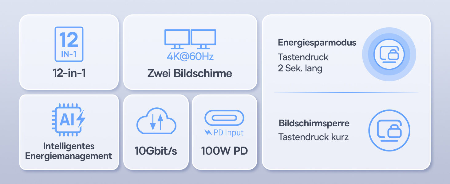 Merkmale der Dockingstation: 12-in-1, zwei Bildschirme mit 4K bei 60 Hz, Energiesparmodus, intelligentes Energiemanagement, 10 Gbit/s, 100 W PD und Bildschirmsperre