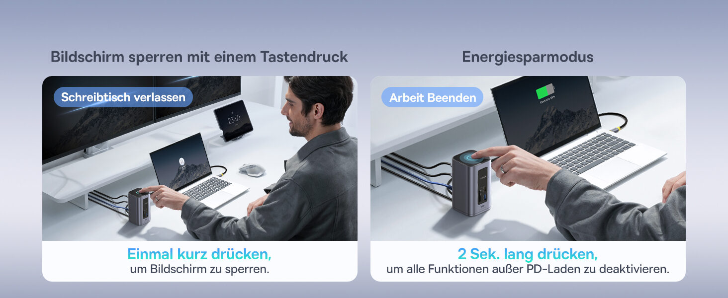 Zwei Fotos: einmal kurz druecken sperrt den Bildschirm, zwei Sekunden halten schaltet alles ausser dem Laden ab