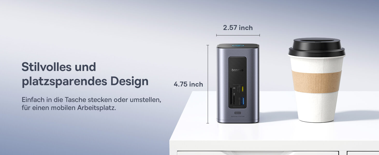 Groessenvergleich der Dockingstation mit einem Kaffeebecher, 2,57 mal 4,75 Zoll