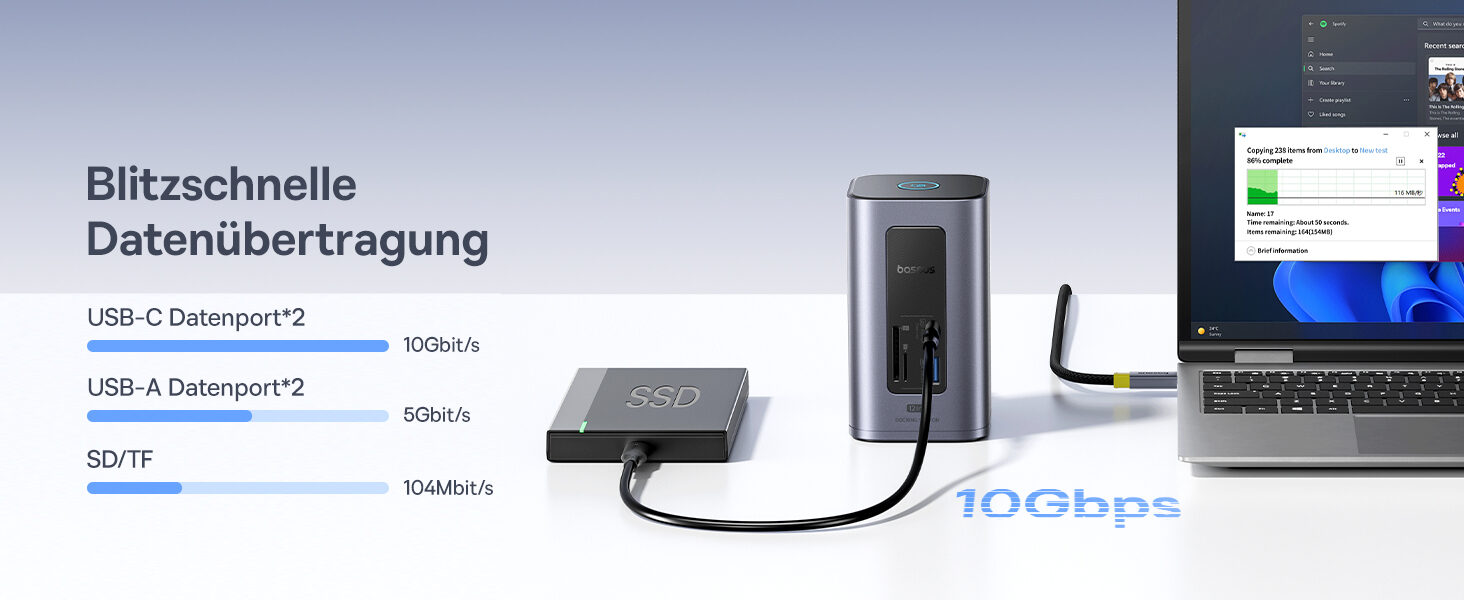 Balkendiagramm: USB-C 10 Gbit/s, USB-A 5 Gbit/s, SD und TF 104 Mbit/s, externe SSD am Dock