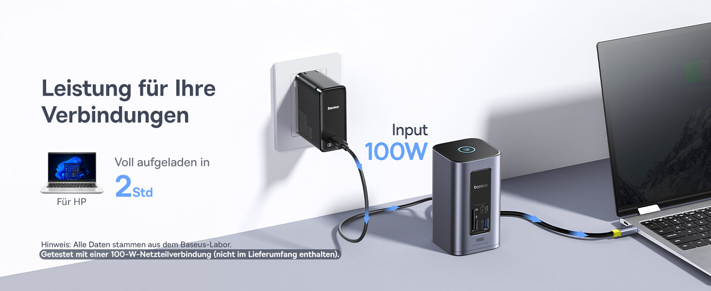 Dockingstation mit 100-W-Netzteil an der Wand, Laptop in zwei Stunden geladen, Netzteil nicht im Lieferumfang