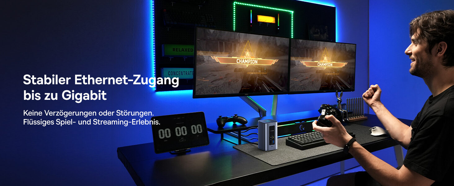Gaming-Arbeitsplatz mit zwei Monitoren und Gigabit-Netzwerk ueber die Dockingstation