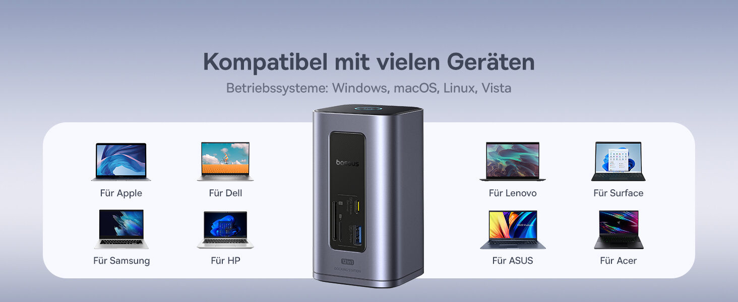 Uebersicht kompatibler Notebooks von Apple, Dell, Lenovo, Surface, Samsung, HP, ASUS und Acer
