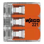 Draufsicht der WAGO 221-613 mit drei orangen Betaetigungshebeln und WAGO-221-Logo