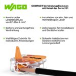 Merkmale der WAGO COMPACT Verbindungsklemmen Serie 221 mit Hebel und Schnittbild des Leiteranschlusses