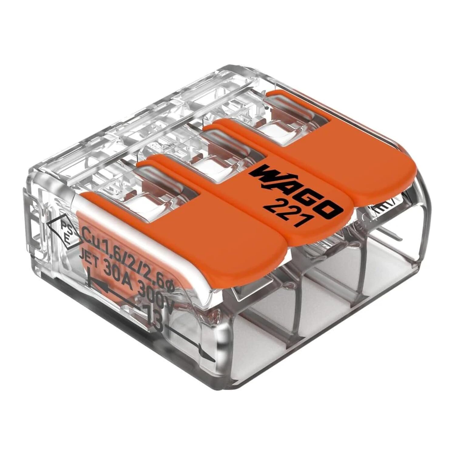 WAGO COMPACT Verbindungsklemme 221-613 mit drei orangen Hebeln und transparentem Gehaeuse
