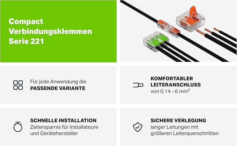 Uebersicht der WAGO Serie 221: passende Variante, Leiteranschluss, schnelle Installation, sichere Verlegung